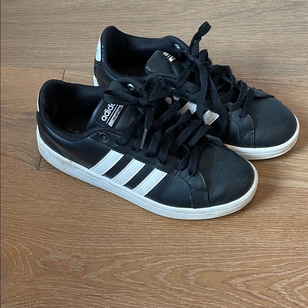 Adidas Classic Black Sneakers with White Stripes and cloud foam memory insoles